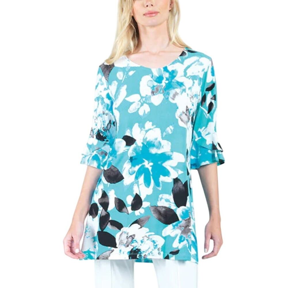 Clara Sun Woo Blue Floral Abstract Bright Jersey 3/4 Tulip Cuff Sleeve Tunic Top
